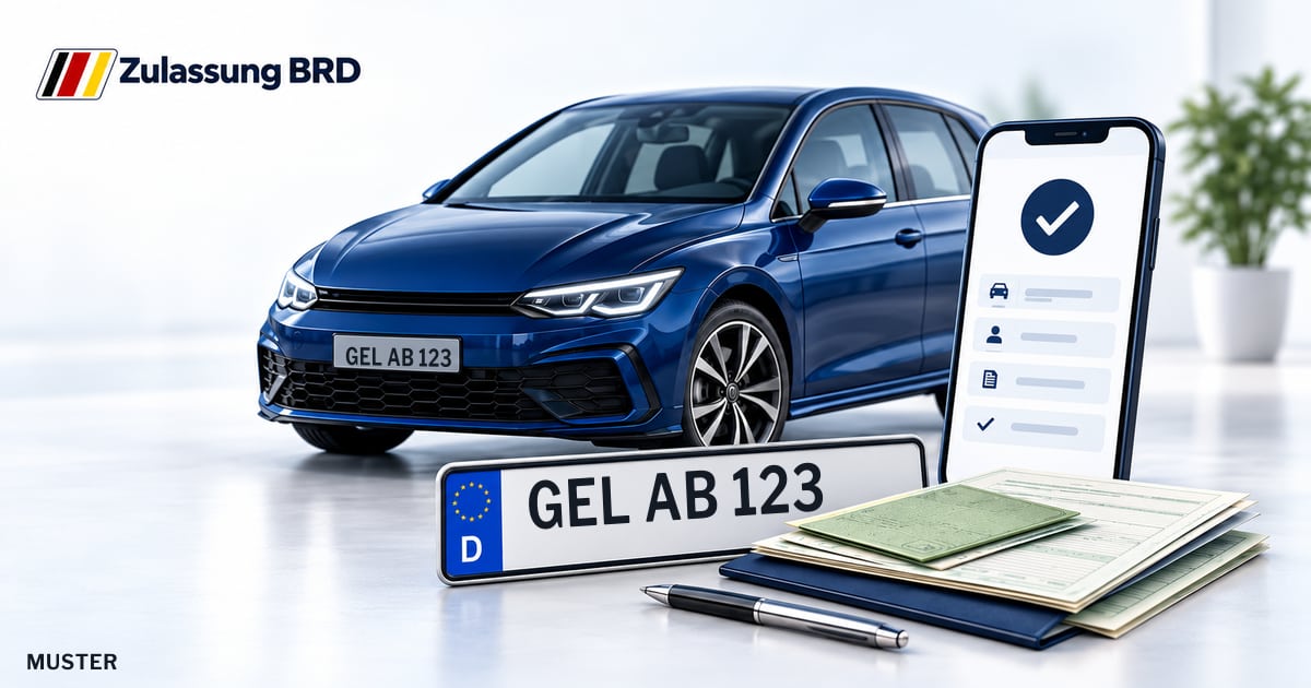 Online Fahrzeugzulassung in Kranenburg: Musterkennzeichen GEL AB 123, Auto und Fahrzeugpapiere und Smartphone. Illustration mit Logo von Zulassung BRD.